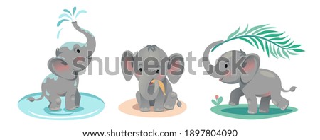 Baby elephant bathes in a pond, lets out a fountain with its trunk, runs with a palm leaf, plays, sits and eats a banana
