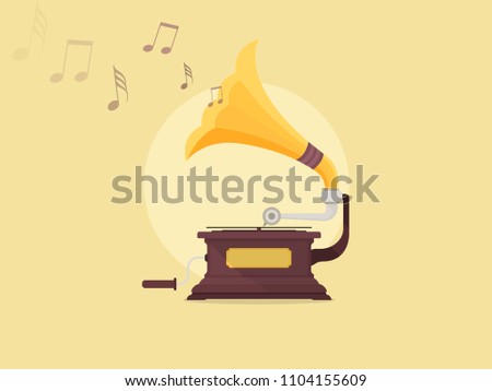 Old gramophone isolated on a yellow background. Vector flat illustration. Playing music. 