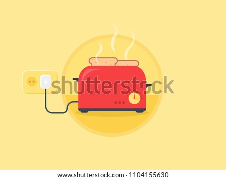 Toast popping out of Vintage red toaster. Light clean modern background illustration. Kitchenware grill toaster flat icon. 