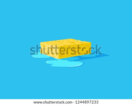 Yellow sponge with bubbles. Wet floor. Vector flat illustration.