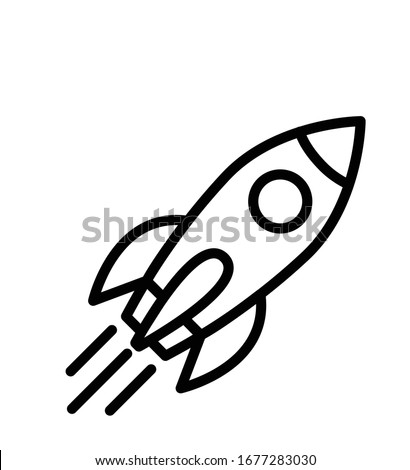 Rocket outline ship icon with fire isolated on white Vector illustration with flying rocket isolated