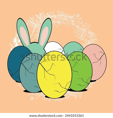 T-shirt design of multicolored Easter eggs and bunny ears on a pink background..sstkEaster