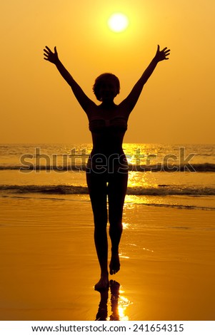 Figure of a woman on the background of the sea and sunset.