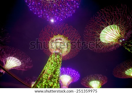 SINGAPORE - january 08, 2014: Urban landscape of Singapore. Night view of Supertree Grove at Gardens by the Bay
