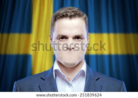 Symbol of censorship and freedom of speech: a young man without a mouth on a background of the national flag of Sweden