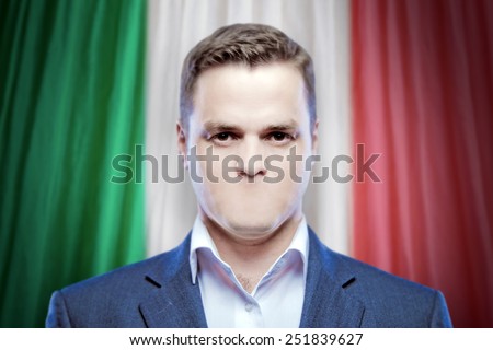 Symbol of censorship and freedom of speech: a young man without a mouth on a background of the national flag of Italy