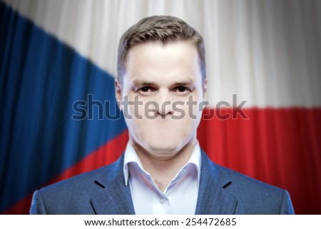 Symbol of censorship and freedom of speech: a young man without a mouth on a background of the national flag of Czech Republic