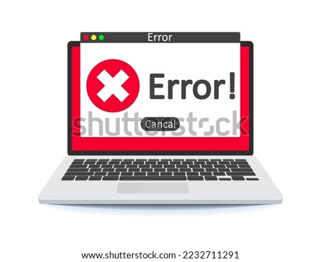 Error message on laptop screen. Error warning sign on the screen of a computer device.