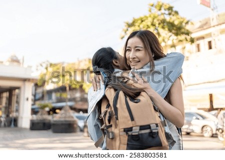 Similar – Image, Stock Photo Woman relaxing while walking with dog on vineyard slope