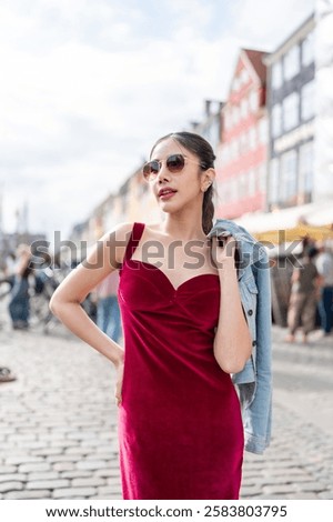 Similar – Image, Stock Photo Woman relaxing while walking with dog on vineyard slope