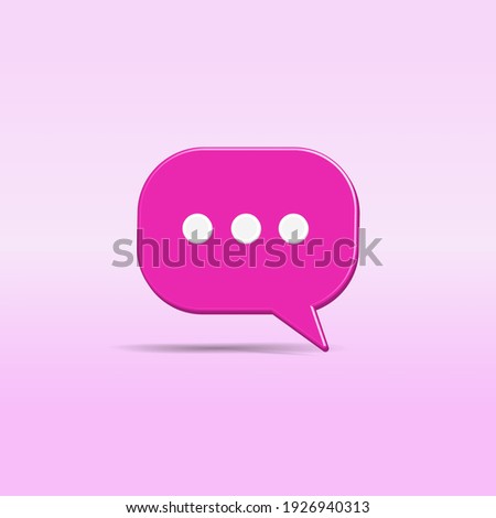 Pink chat bubble with three white dots on pastel gradient color background. Creative 3D vector illustration
