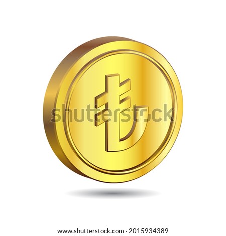 3D Vector illustration of Gold Coin with Turkish Lira sign isolated on white color background.. The currency of Turkey and Northern Cyprus. One. 