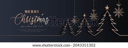 Merry christmas and happy new year banner. Dark horizontal template creative design with luxury golden line christmas tree, snowflake decoration, stars. Suit for poster, flyer, cover, banner, brochure