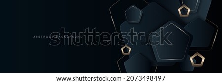 Modern luxury horizontal banner background with overlay dark blue golden geometric shapes layer and shadow decoration. Trendy simple pentagon shapes texture design. Luxury and elegant concept