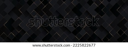 Abstract black square shape background with golden glowing lines. Modern luxury geometric pattern. Elegant dark square diamond texture. Suit for wallpaper, cover, header, backdrop, desktop