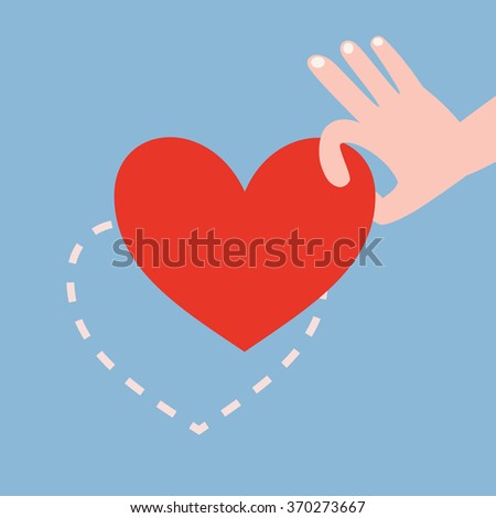 Hand picking up red heart on blue background with heart shape dash line