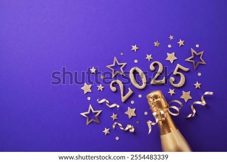 Image, Stock Photo Champagne bottle and confetti flow on pink