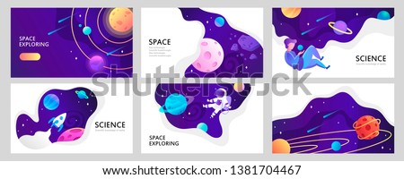 Set of web banners templates. Presentation. Space explore. Children cartoon vector illustration. Science. Horizontal banners. EPS 10