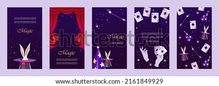 A set of magical vertical tickets for the show. Wizard's hat with a hare and a magic wand. Horizontal isolated template for landing page, business card, flyer, banner, poster, invitation. Vector  Foto stock © 