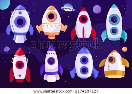 Space travel. Cartoon rockets set. Spaceship. Space childish banner. Vector cartoon illustration. EPS 10