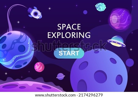 Landing page template. Presentation design. Space, planets and rocket. Website template. Vector modern illustration. Isolated. EPS 10