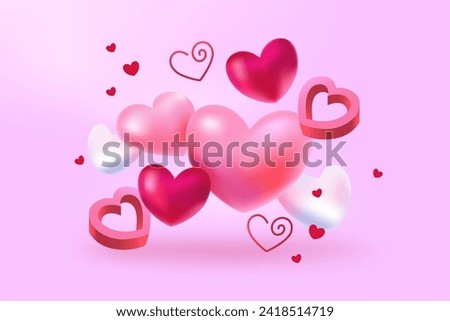 3D hearts. Happy Valentine's Day. Vector modern illustration. Pink color. Banner design