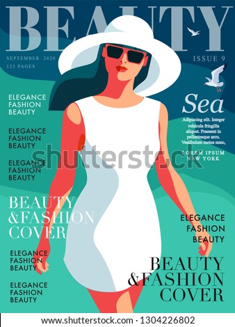 Young girl wearing white dress, big white hat and sunglasses. Sea background with gulls. Woman fashion magazine cover design for the summer holiday season. Vector illustration