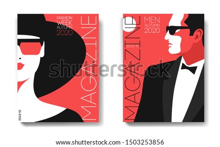 Two variants of magazine cover designs. Female and male portraits. Woman in hat and sunglasses, half face. Man in tuxedo, bow tie and sunglasses, side view. Vector illustration