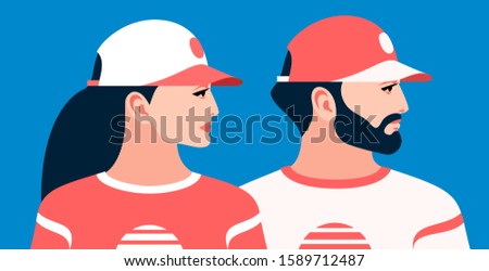 Man and woman wearing sportswear and baseball caps, looking one way. Male and female portraits, side view. Vector illustration