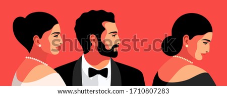 Set of male and female portraits. Bearded man wearing tuxedo and  bow tie. Woman wearing evening  dress, earrings and necklace. Vector illustration