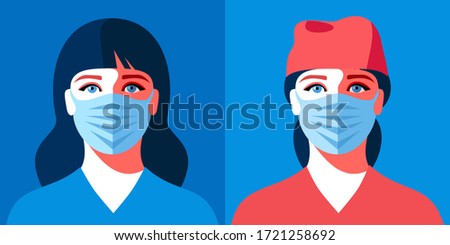 Two female avatars. Woman as doctor or nurse. Female characters in medical uniform and face masks. Coronavirus epidemic. Vector illustration