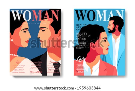 Two variants of magazine cover design. Abstract couple, man and woman, faces to face, male and female close-up portraits. Vector illustration