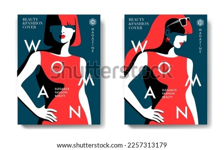 Two variants of fashion magazine cover design.  Young woman wearing red summer dress and sunglasses. Lettering, text, blue background. Vector illustration