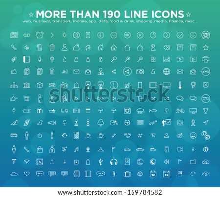 More than 190 line icons: web, business, transport, mobile, app, game, finance, misc...