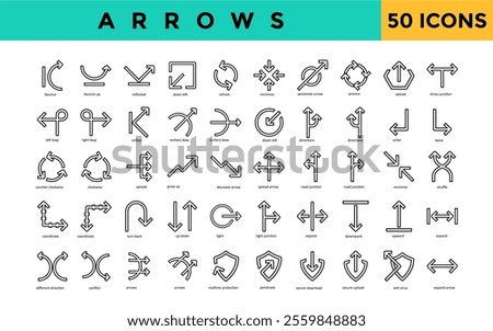 Arrows icon set with bounce, bounce up, reflected, down left, refresh, minimize, penetrate arrow, process, upload, three junction icon. Simple line vector 
