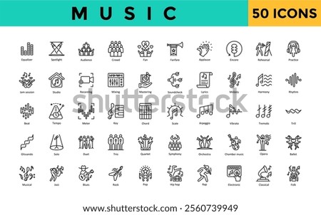 Music icon set with equalizer, spotlight, audience, crowd, fan, fanfare, applause, encore, rehearsal, practice icon. Simple line vector 
