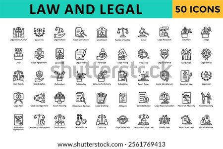 Law and Legal icons set with legal consultation, law firm advice, document, courtroom, scales of justice, gavel, research, attorney, judge icon. Simple line vector 
