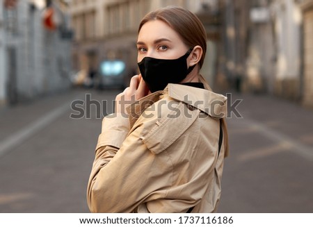 Similar – Image, Stock Photo Blonde woman with mask working on laptop in coffee shop