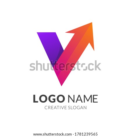 letter v and arrow logo template, modern 3d logo style in gradient purple and orange color
