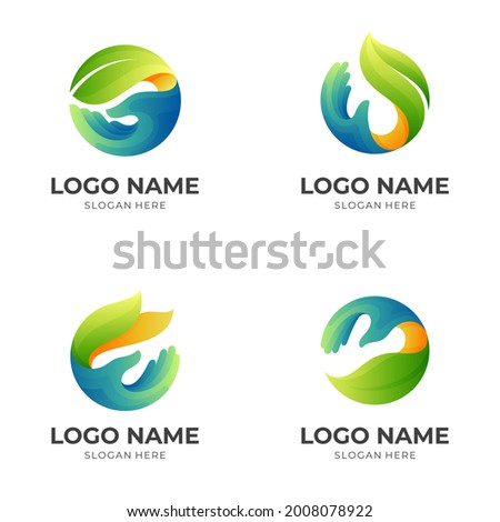 set health care logo, hand and leaf, logo combination with 3d colorful style