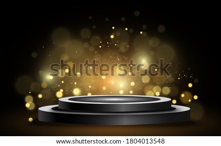 Round podium, pedestal or platform, illuminated by spotlights in the background. Vector illustration. Bright light. Light from above. Advertising place