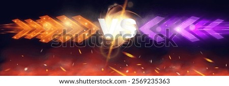 Versus battle banner concept for MMA, fight night, boxing, and other competitions. Blank template with glowing VS letters in the center, surrounded by sparks, flying coals, smoke, and mesh netting, cr