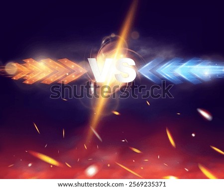 Versus battle banner concept for MMA, fight night, boxing, and other competitions. Blank template with glowing VS letters in the center, surrounded by sparks, flying coals, smoke, and mesh netting, cr