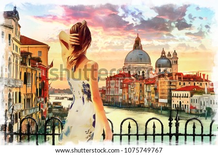 painting of standing girl in Venice grand canal Italy, illustration , watercolor, oil on canvas , wallpaper , buildings, river, woman, sunset , art, artwork