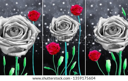 Collection of designer oil paintings. Decoration for the interior. Modern abstract art on canvas. Set of pictures with different textures and colors. rose flowers on night sky with stars background