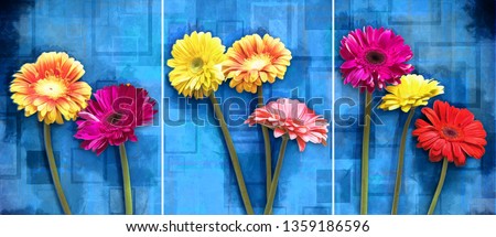 Collection of designer oil paintings. Decoration for the interior. Modern abstract art on canvas. Set of pictures with different textures and colors. colorful flowers on abstract blue background