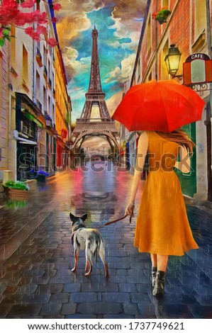 Oil Painting - Rainy Day Paris with Eiffel tower.Collection of designer oil paintings. Decoration for the interior. Modern abstract canvas art. Set of pictures. umbrella. vintage