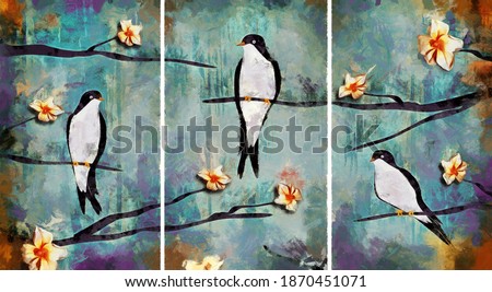 modern colorful Swallow oil painting with flowers. Abstract painting for interior . collection of designer oil paintings. Decoration for interior. Contemporary abstract art on canvas.