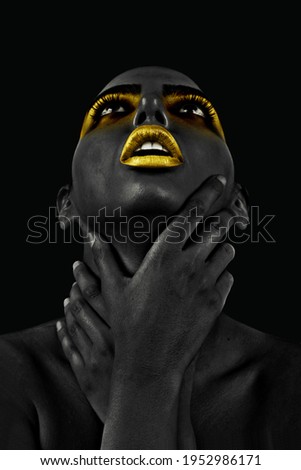 Beautiful African women with a fantastic Golden Lips on black background. decoration and interior, canvas art, abstract.