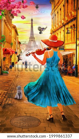 Oil Painting - A girl playing the violin at sunset in Paris with the Eiffel Tower. Collection of designer oil paintings. Decoration for the interior. Modern abstract canvas art. vintage